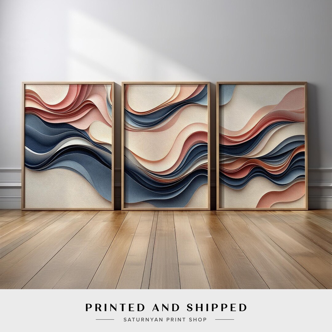 Abstract Wall Art Set of 3 | Neutral Beige Blush and Blue Flowing ...