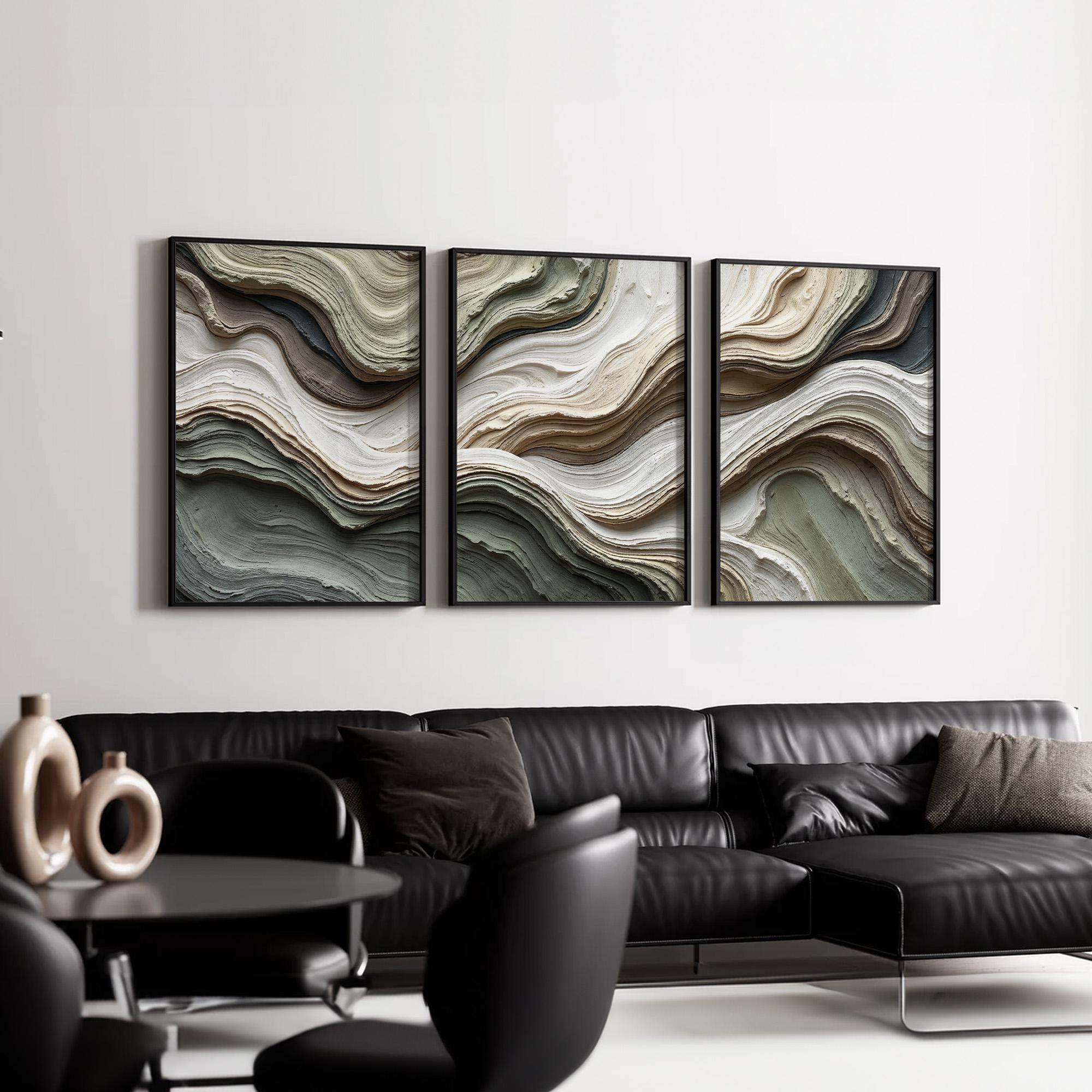 Sage Green Cream Layered Wave Abstract Wall Art Set of 3 | Neutral ...