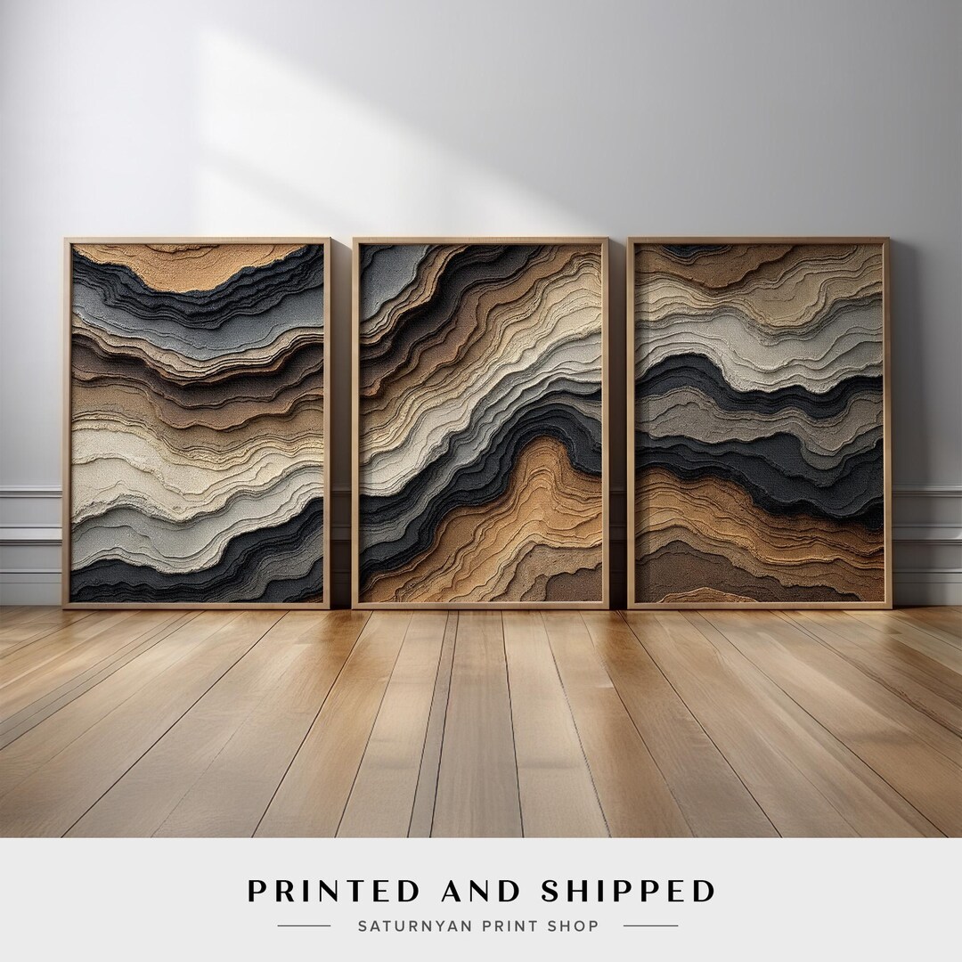 Mid Century Abstract Wall Art Set of 3 | Earth Tone Topographic Beige ...