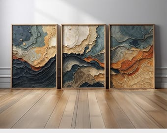 Natural Stone Inspired Wall Art Triptych | Geological Earth Tone Canvas Prints | Abstract Geological Wall Decor Set of 3