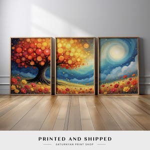 Colorful Tree and Field Landscape Wall Art | Set of 3 Bright Nature Canvas Print with Dreamy Sky | Modern Vibrant Flowers, and Golden Light