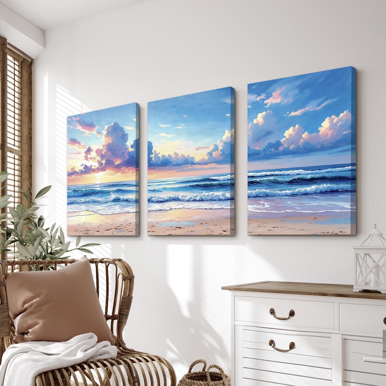 Ocean Sunset Triptych Wall Art Set of 3 | Serene Beach Waves Canvas ...