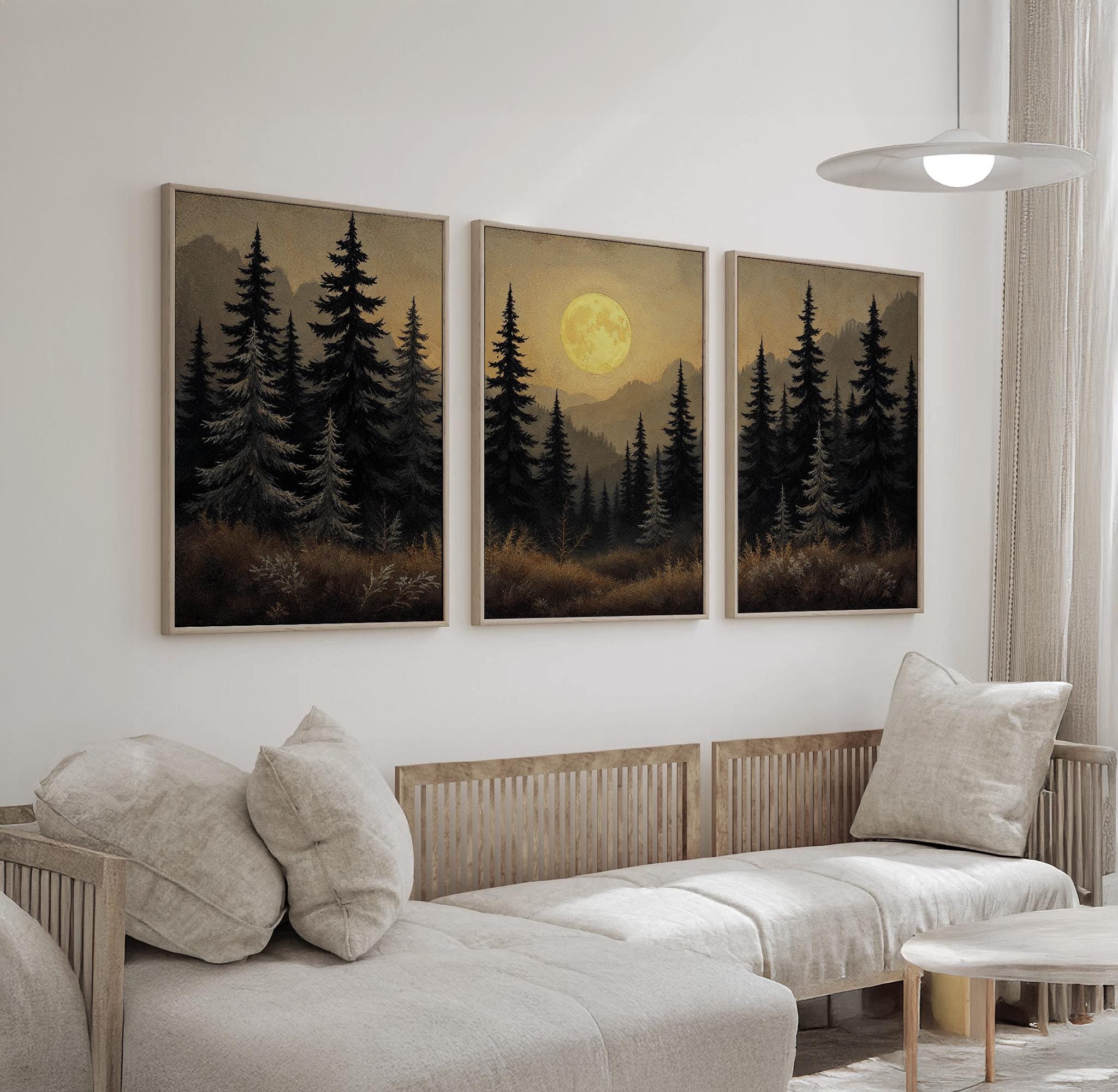 Moonlit Forest Wall Art Set of 3 | Full Moon Landscape Triptych Canvas ...