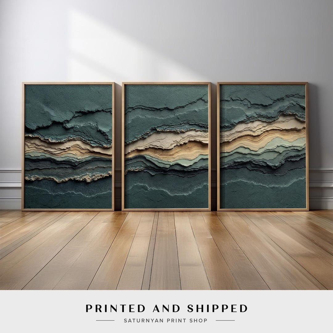 Earthy Teal Abstract Wall Art Set of 3 | Geological Tone Canvas Prints ...