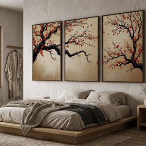 Japanese Cherry Blossom Wall Art, Sakura Tree Triptych, Asian Ink Painting, Zen Home Decor, Floral Canvas Print, Oriental Minimalist Art image 2