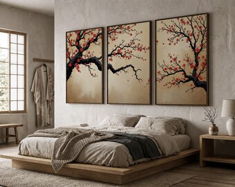 Japanese Cherry Blossom Wall Art, Sakura Tree Triptych, Asian Ink