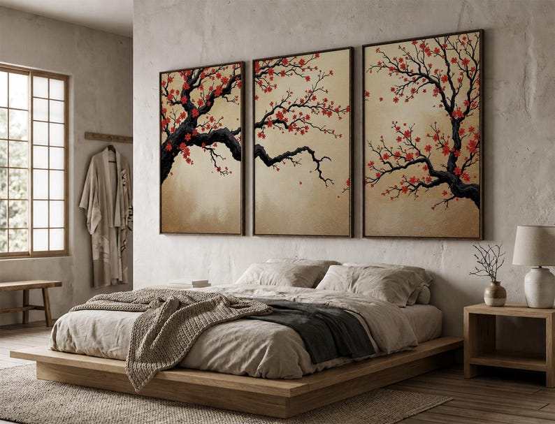 Japanese Cherry Blossom Wall Art, Sakura Tree Triptych, Asian Ink Painting, Zen Home Decor, Floral Canvas Print, Oriental Minimalist Art image 2