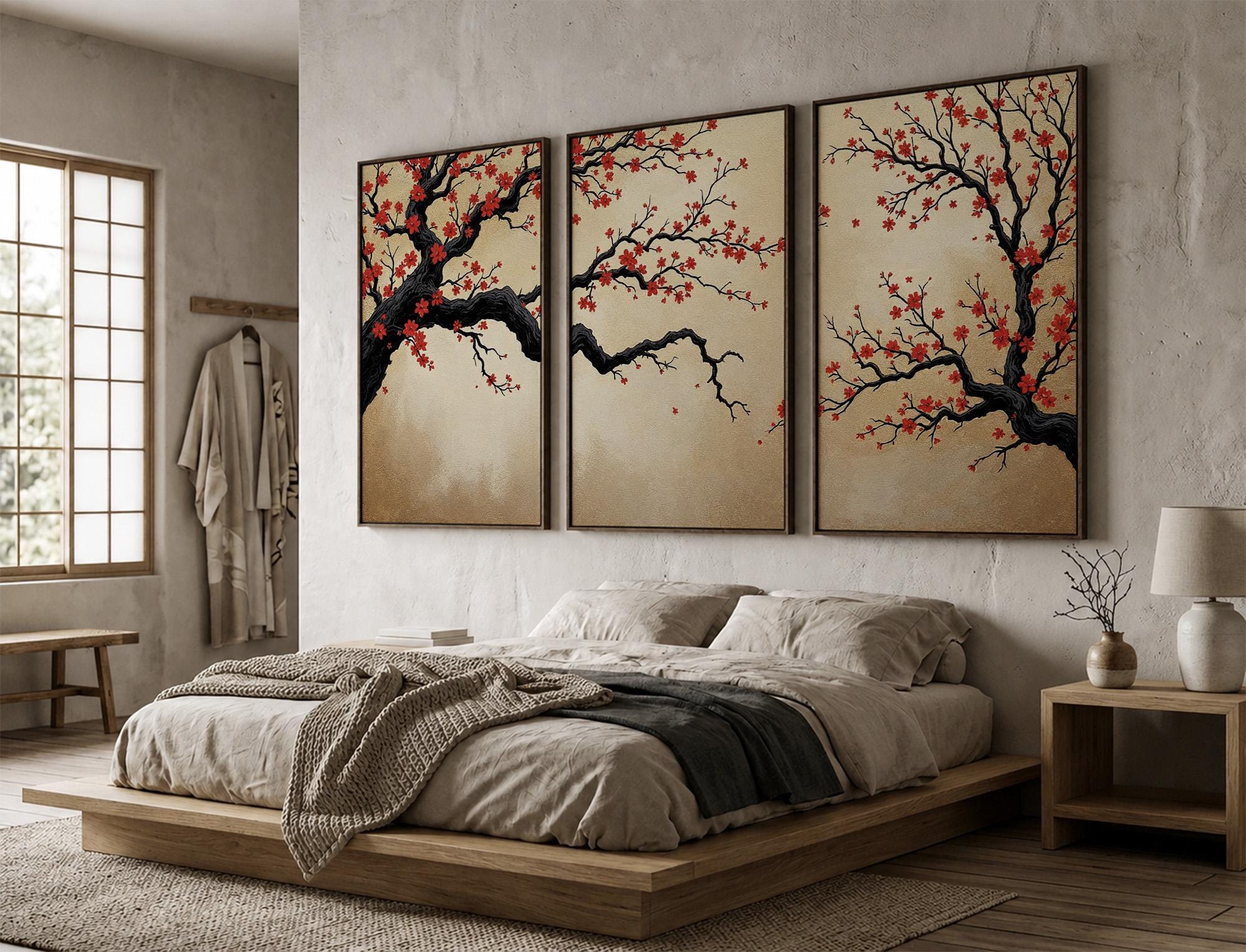 Japanese Cherry Blossom Wall Art, Sakura Tree Triptych, Asian Ink
