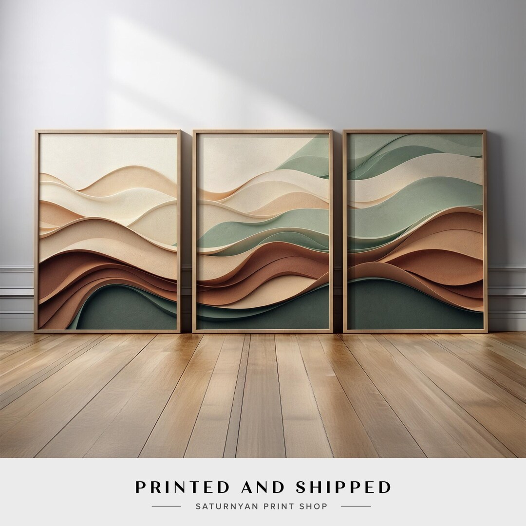 Abstract Earth Tone Wave Wall Art Set of 3 | Neutral Beige Green Brown ...