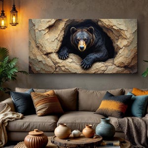 Nature-Themed Bear Wall Art – Majestic Black Bear Emerging from a Cave on Canvas Print – Stunning Wildlife Artwork for Rustic Home Decor