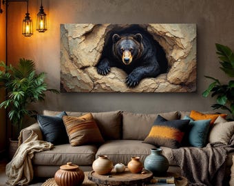 Nature-Themed Bear Wall Art – Majestic Black Bear Emerging from a Cave on Canvas Print – Stunning Wildlife Artwork for Rustic Home Decor