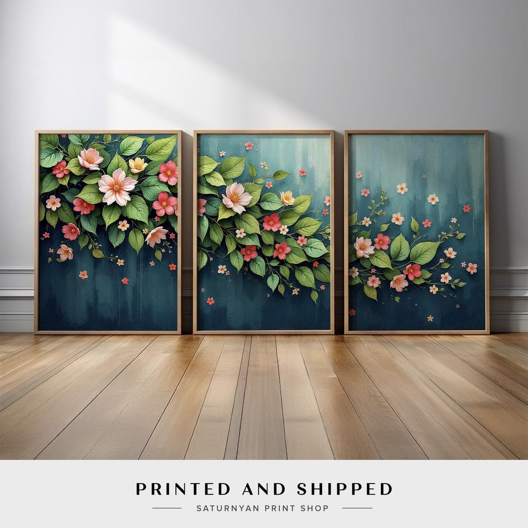 Floral Wall Art Set of 3 With Pink Blossoms and Green Leaves ...