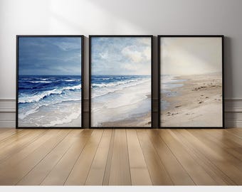 Coastal Wall Art Set of 3 | Serene Beach and Ocean Triptych with Soft Waves and Sandy Shore | Minimalist Coastal Wall Decor