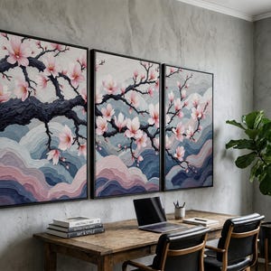 Japanese Cherry Blossom Wall Art Set, Sakura Tree Wall Decor, Elegant Floral Triptych, Zen Meditation Art, Soft Pink Nature Canvas Print bild 2