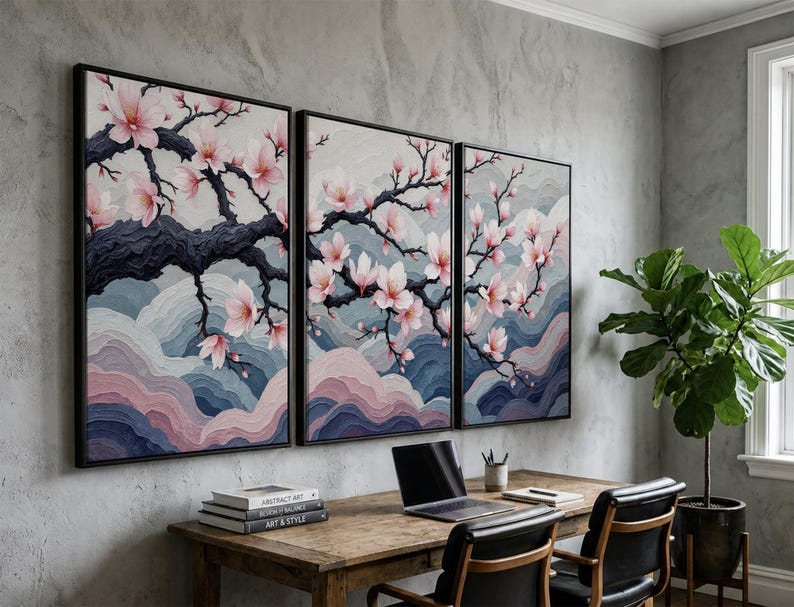 Japanese Cherry Blossom Wall Art Set, Sakura Tree Wall Decor, Elegant Floral Triptych, Zen Meditation Art, Soft Pink Nature Canvas Print bild 2