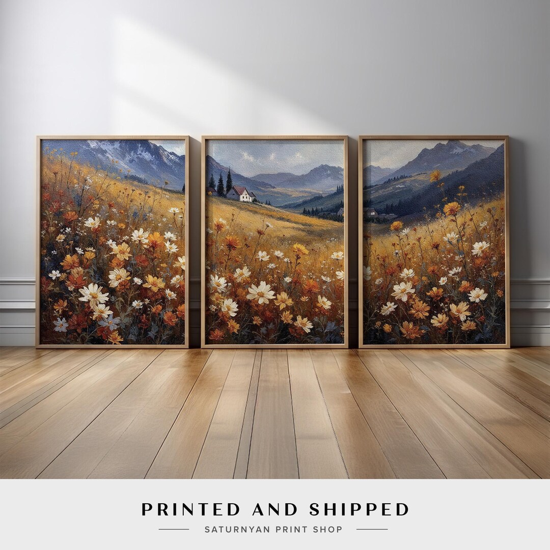 Golden Wildflower Meadow Wall Art Set of 3 | Cottage Landscape Canvas ...