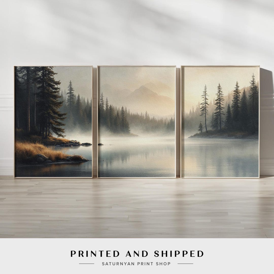 Misty Lake Forest Wall Art Set of 3 | Neutral Landscape Canvas Prints ...