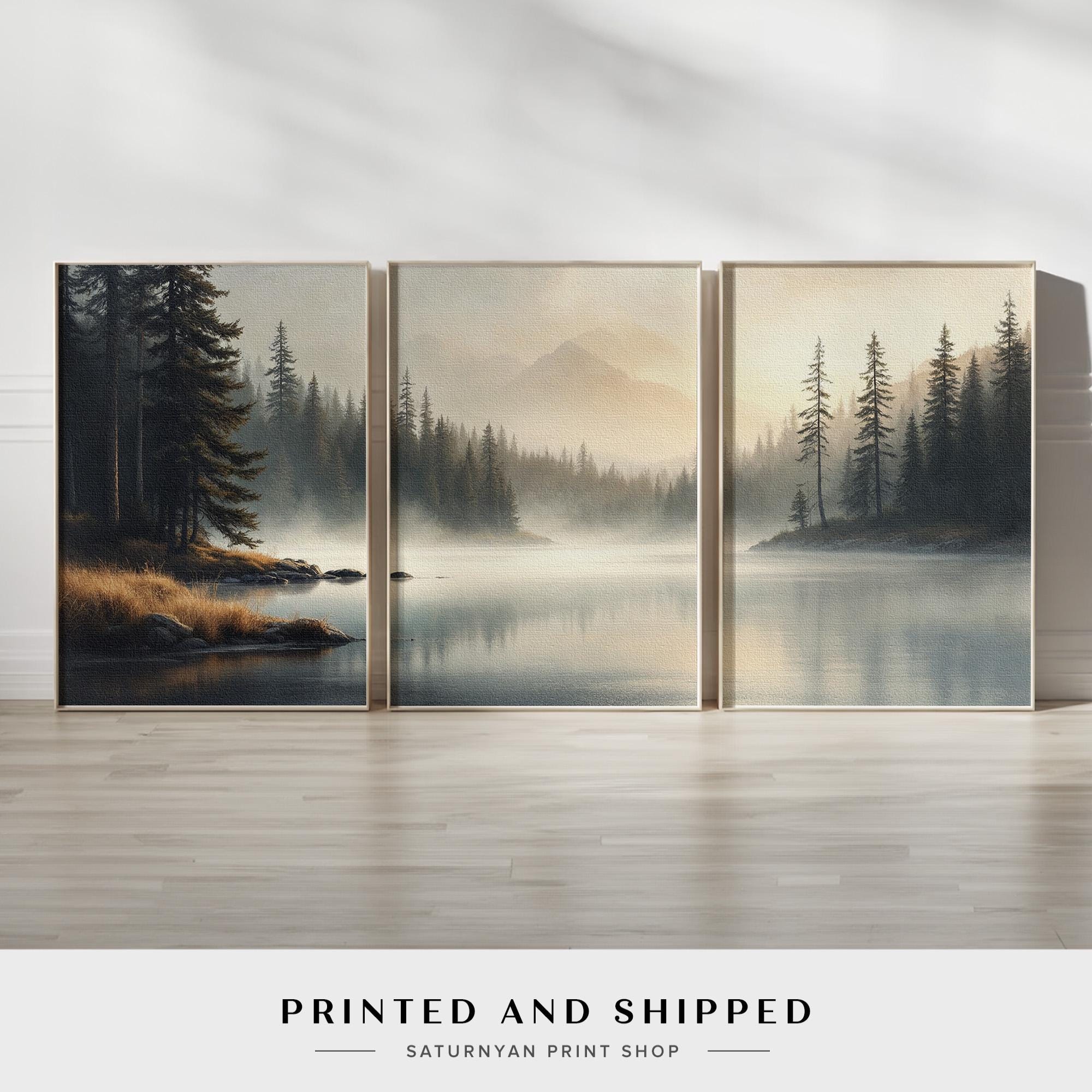 Misty Lake Forest Wall Art Set of 3 | Neutral Landscape Canvas Prints ...