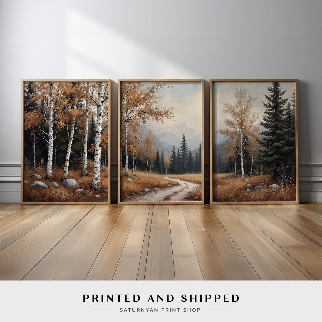 Rustic Autumn Forest Wall Art Triptych | Birch and Pine Tree Landscape ...