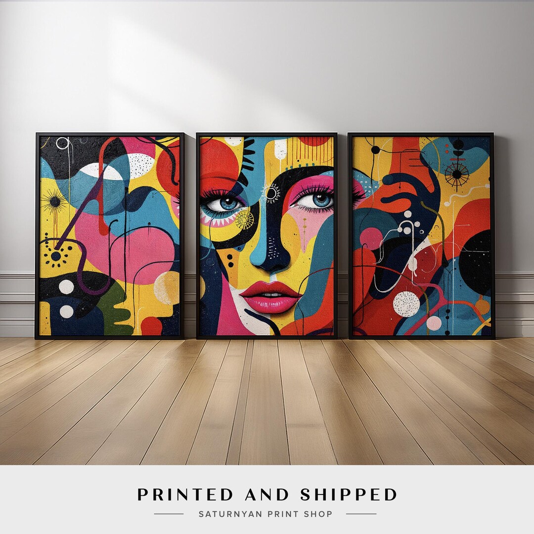Modern Pop Art Wall Art Set of 3 | Colorful Abstract Female Face Canvas ...