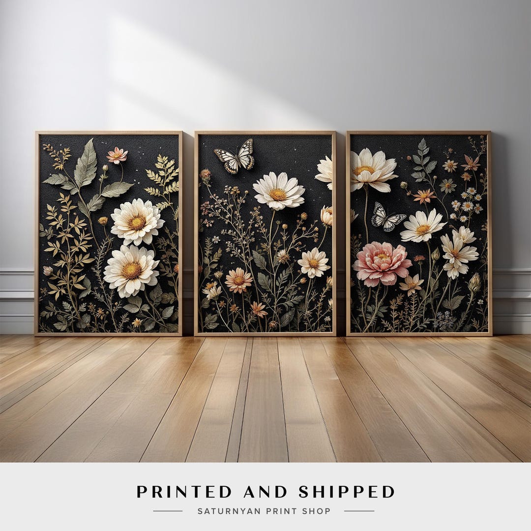 Botanical Flower Wall Art Set of 3 | Daisy and Wildflower Triptych With ...
