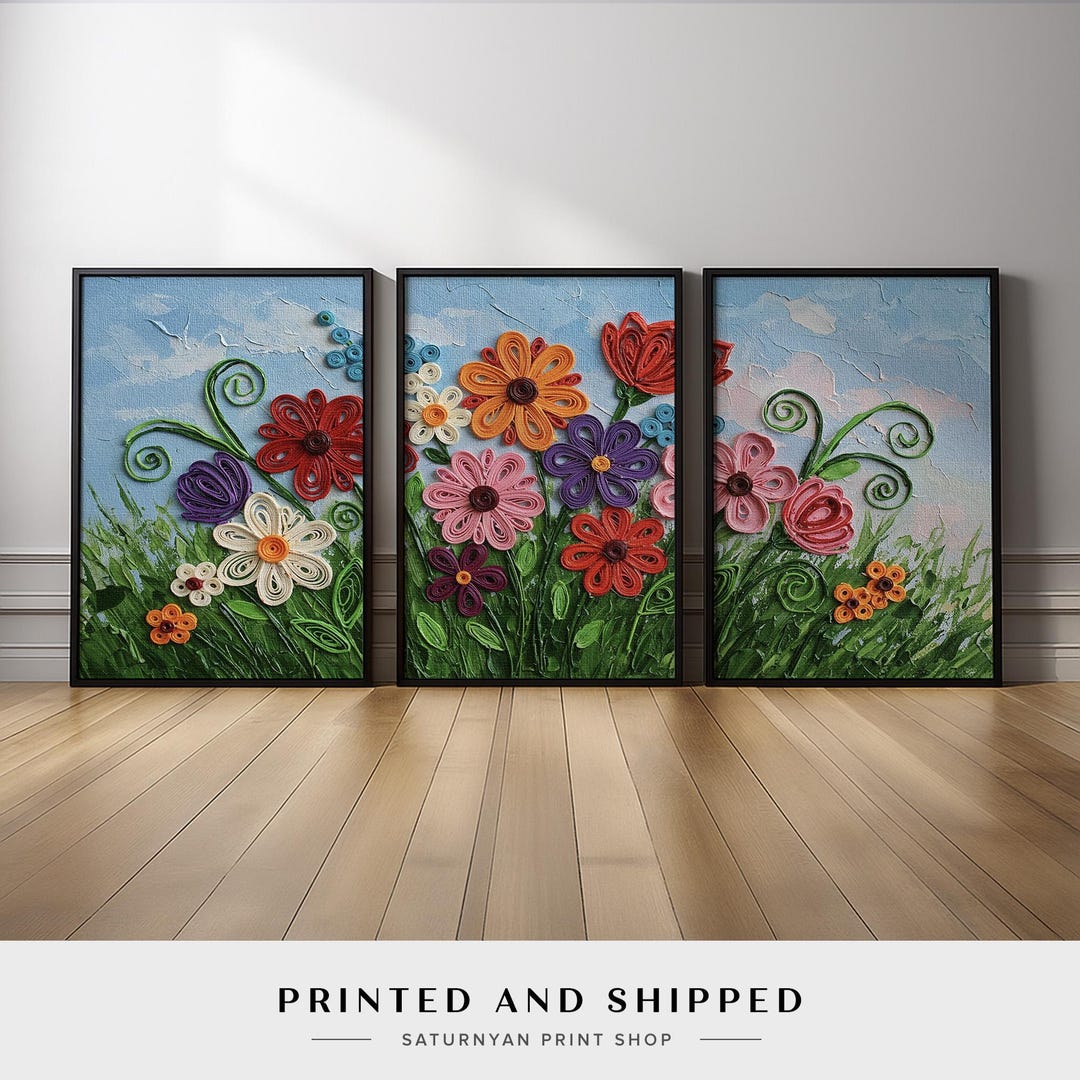 Floral Wall Art Set of 3 | Colorful Flower Triptych With Whimsical ...
