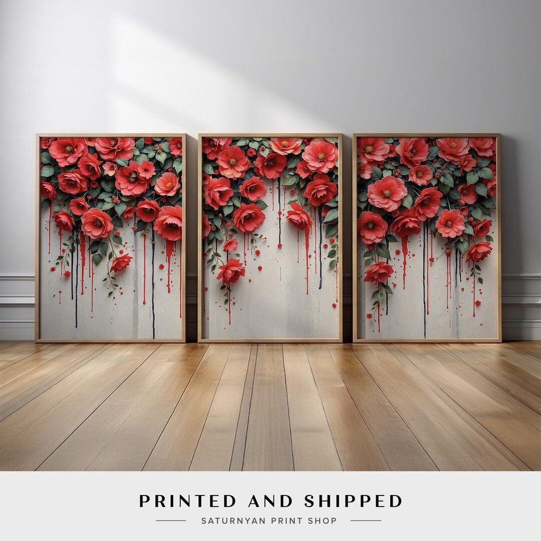Red Floral Triptych Wall Art Set | Modern Dripping Flower Canvas Prints ...