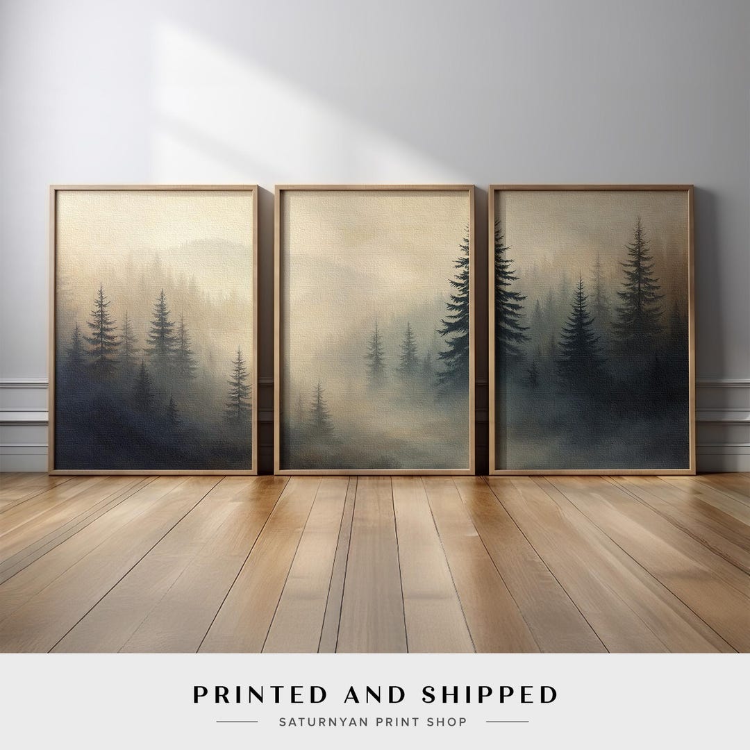 Neutral Forest Wall Art Set | Misty Pine Tree Canvas Triptych in Soft ...