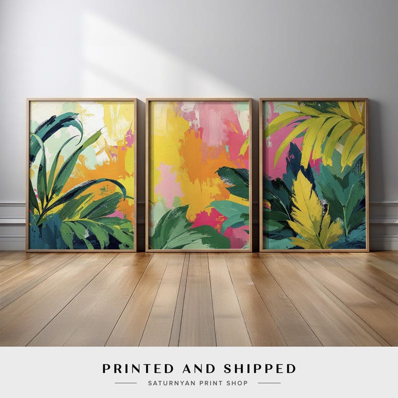 Tropical Plant Abstract Art Set of 3 | Bright Color Canvas Prints ...