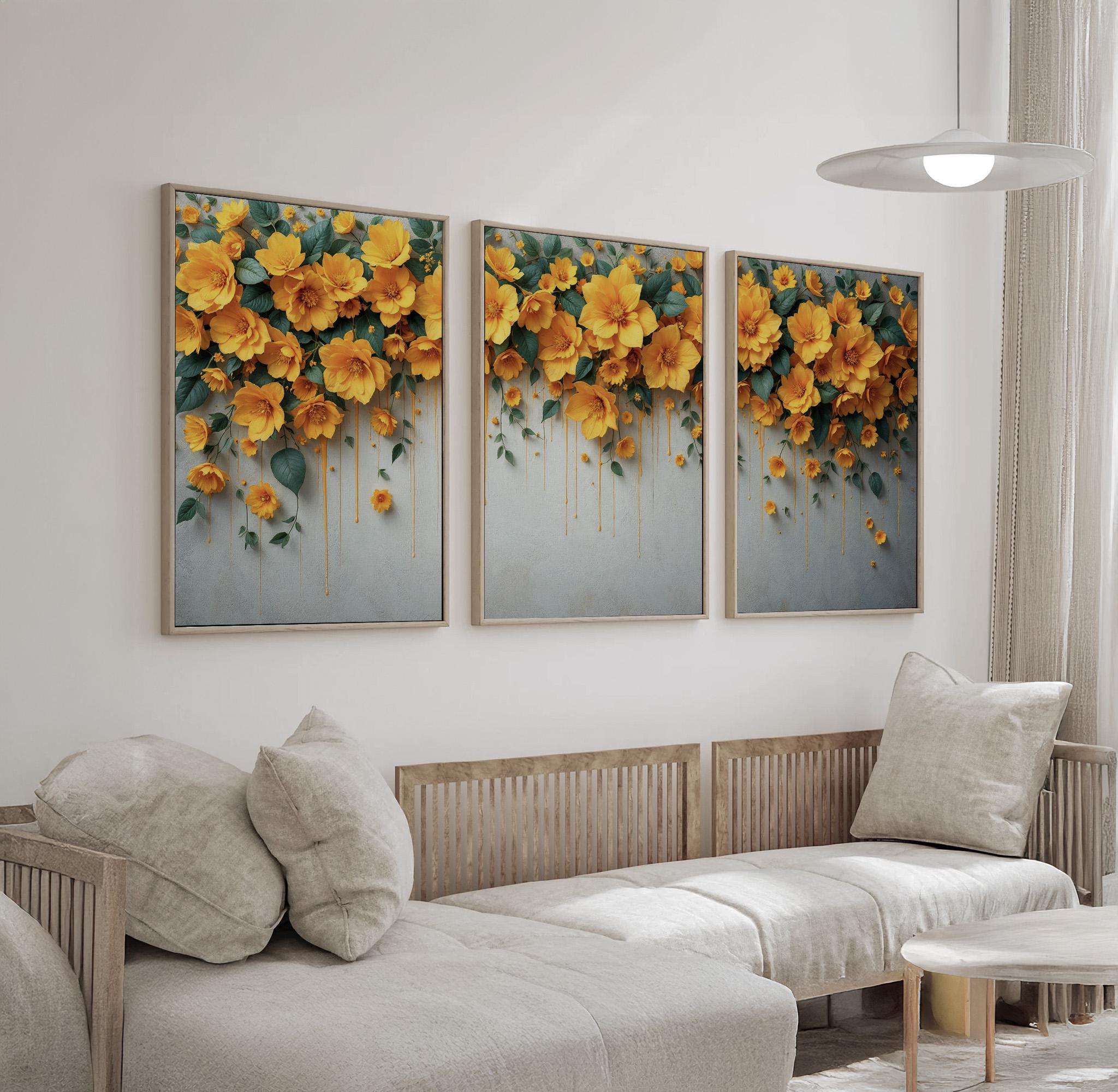 Yellow Floral Wall Art | Set of 3 Cascading Bloom Canvas Prints ...