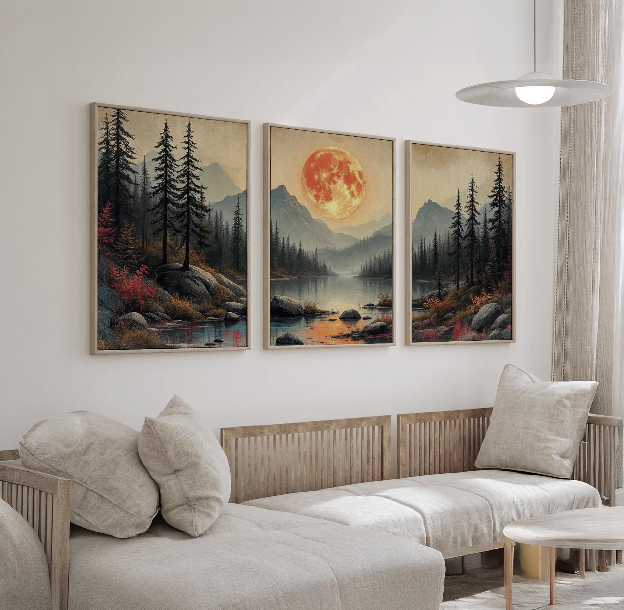 Large Landscape Wall Art Triptych | Moonlit Forest Lake With Mountains ...