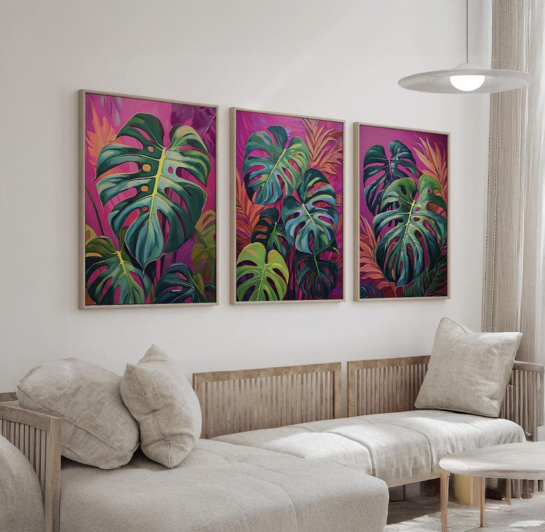 Tropical Monstera Leaf Wall Art Set of 3 | Bold Jungle Plant Triptych ...