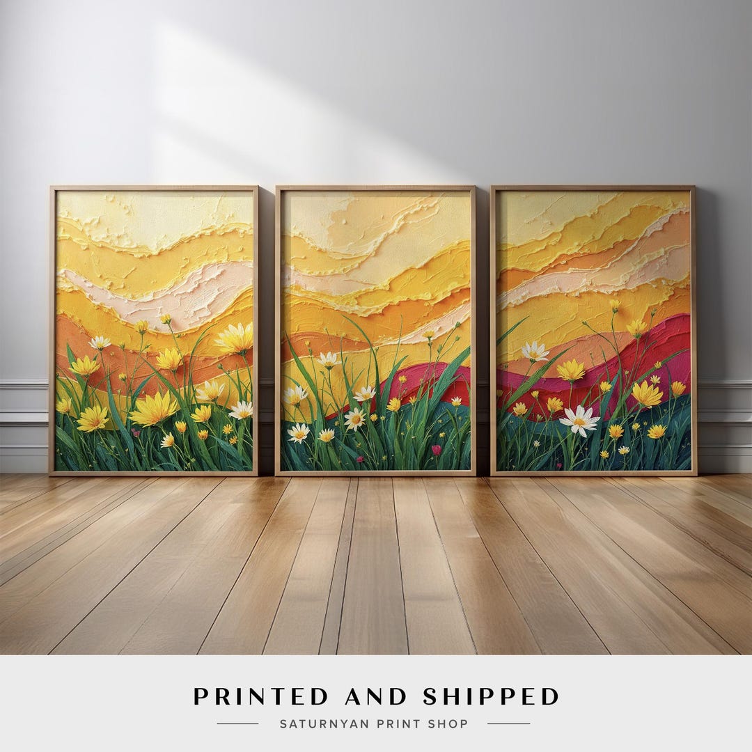 Sunny Wildflower Field Wall Art Set of 3 | Boho Floral Triptych Canvas ...