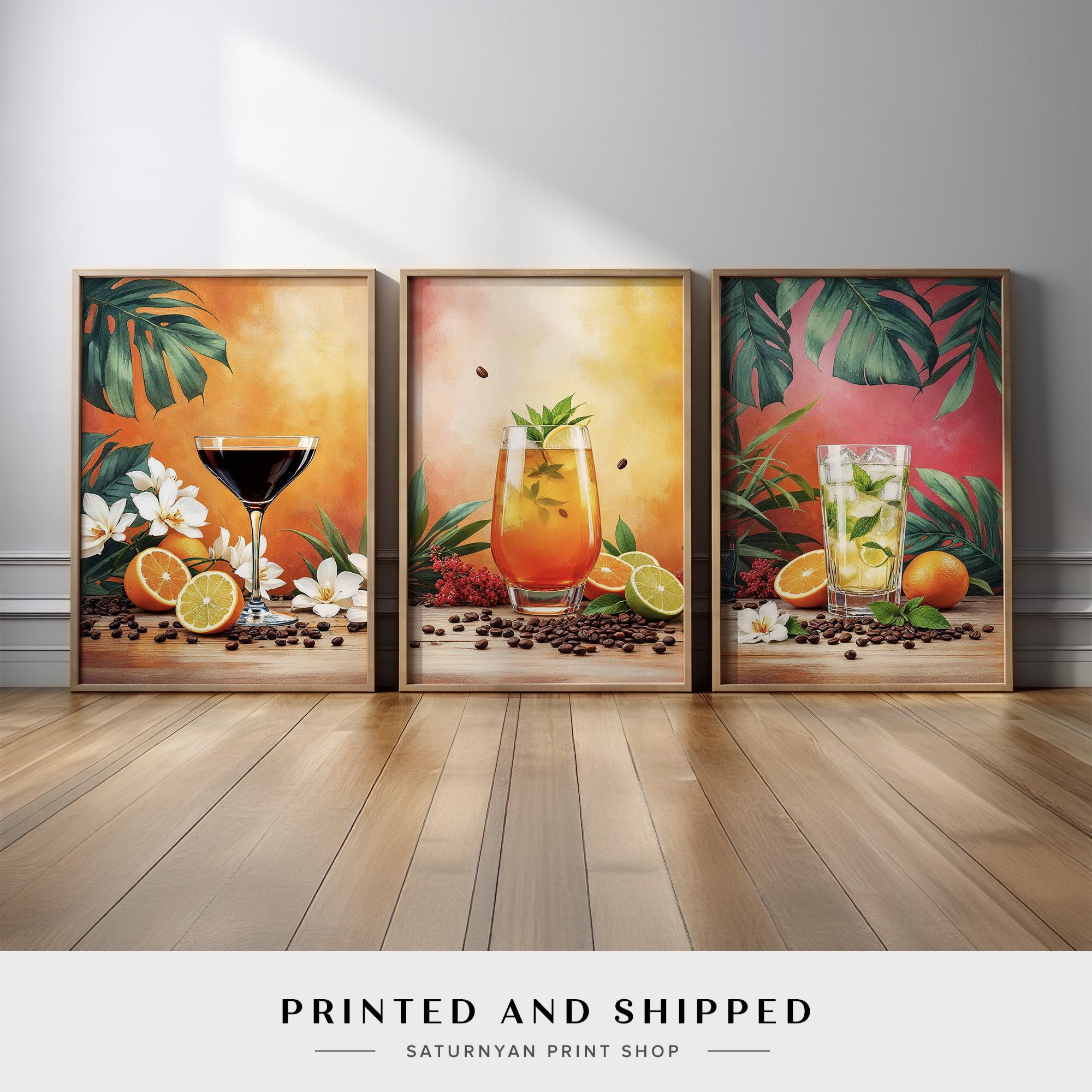 Tropical Cocktail Wall Art Set of 3 | Vibrant Fruit and Drink