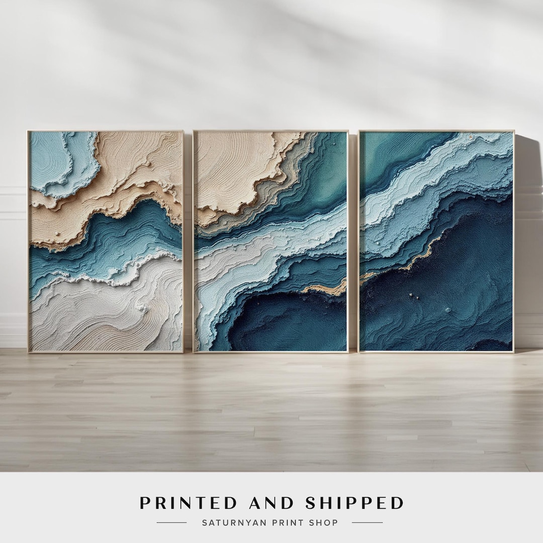 Coastal Abstract Wall Art Set of 3 | Blue, Beige and Sand Canvas Prints ...
