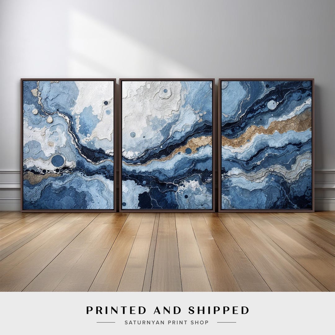 Blue Coastal Wave Inspired Abstract Wall Art Set of 3 | Large Modern ...