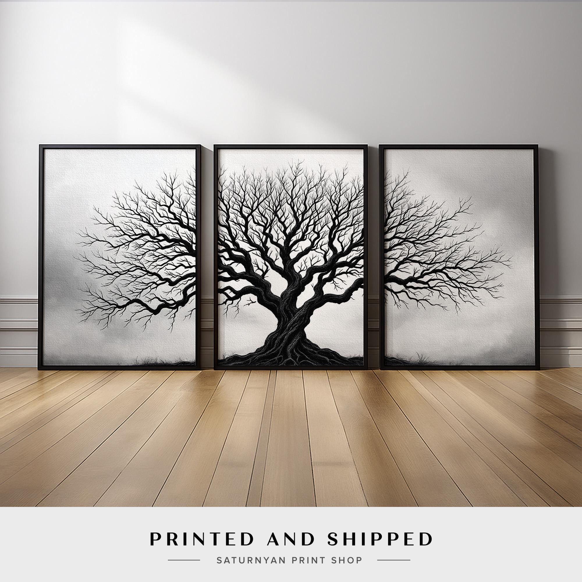 Monochrome Tree Wall Art Set of 3 | Minimalist Black and White
