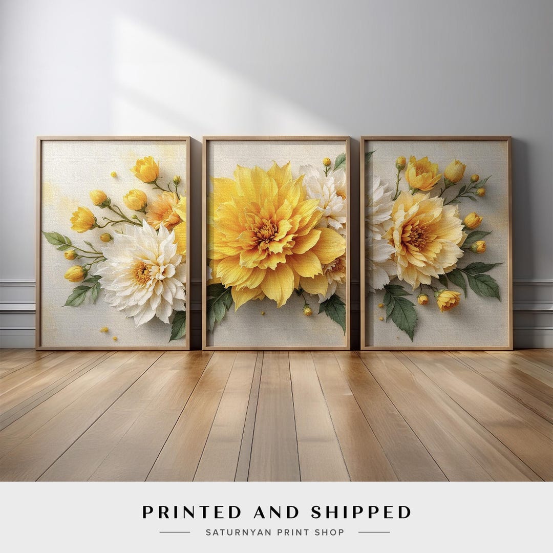Yellow Flower Wall Art Triptych | Elegant Botanical in Cream and Soft ...
