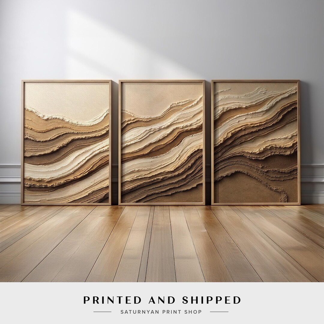 Neutral Abstract Wall Art Set of 3 | Earth Tone Layered in Beige, Sand ...