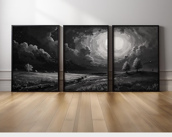 Black White Landscape Triptych Wall Art | Moody Moon Canvas Print Set of 3 | Monochrome Nature Wall Decor | Dark Gothic Farmhouse Painting