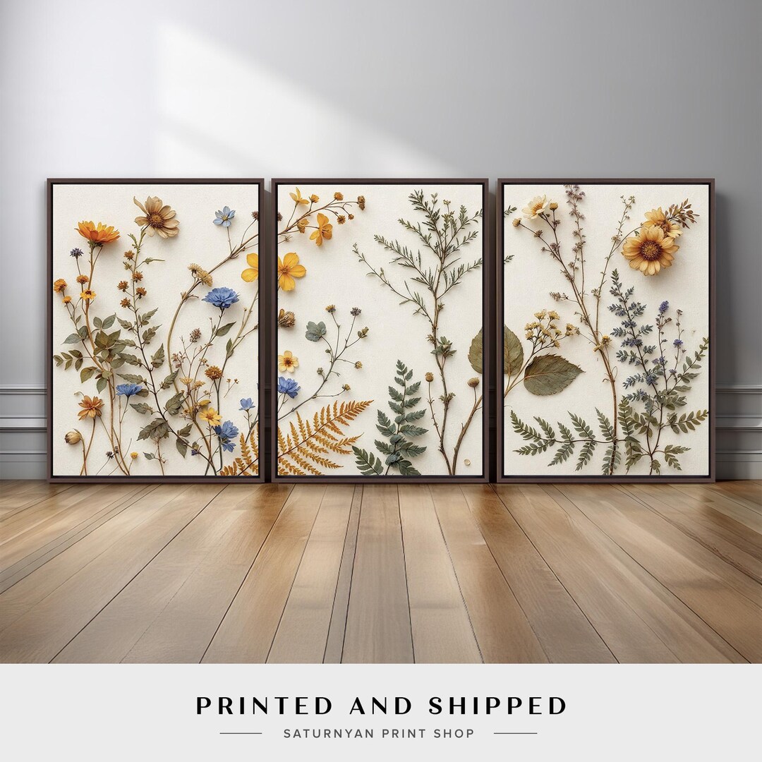 Botanical Triptych Wall Art Set of 3 | Pressed Flower and Fern Canvas ...