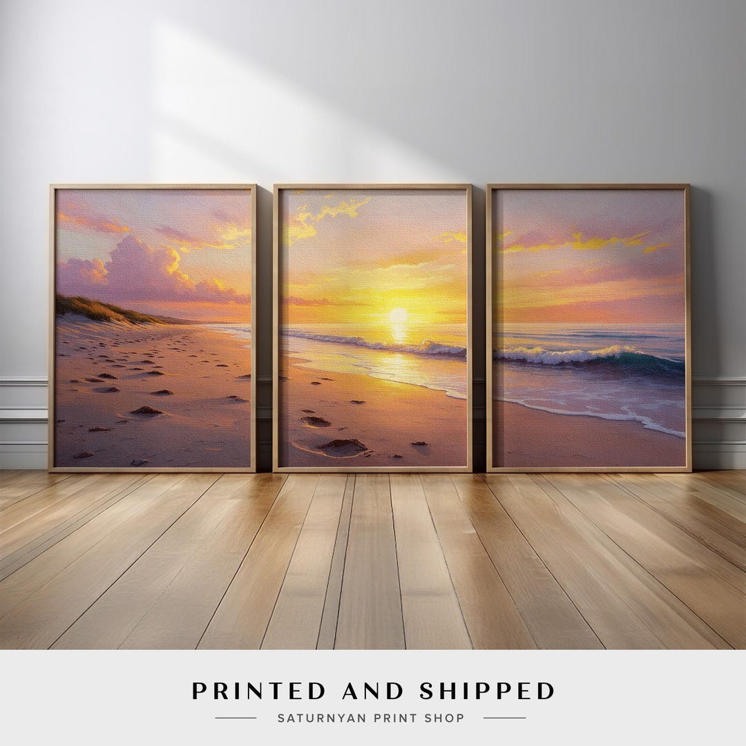 Sunset Beach Wall Art Set of 3 | Ocean Shore Triptych With Soft Sand ...