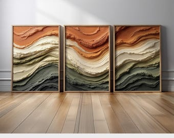 Tríptico abstracto de terracota en tonos naranja quemado y verde salvia para decoración de pared / Juego de 3 lienzos con estampados en tonos tierra inspirados en las olas del océano.