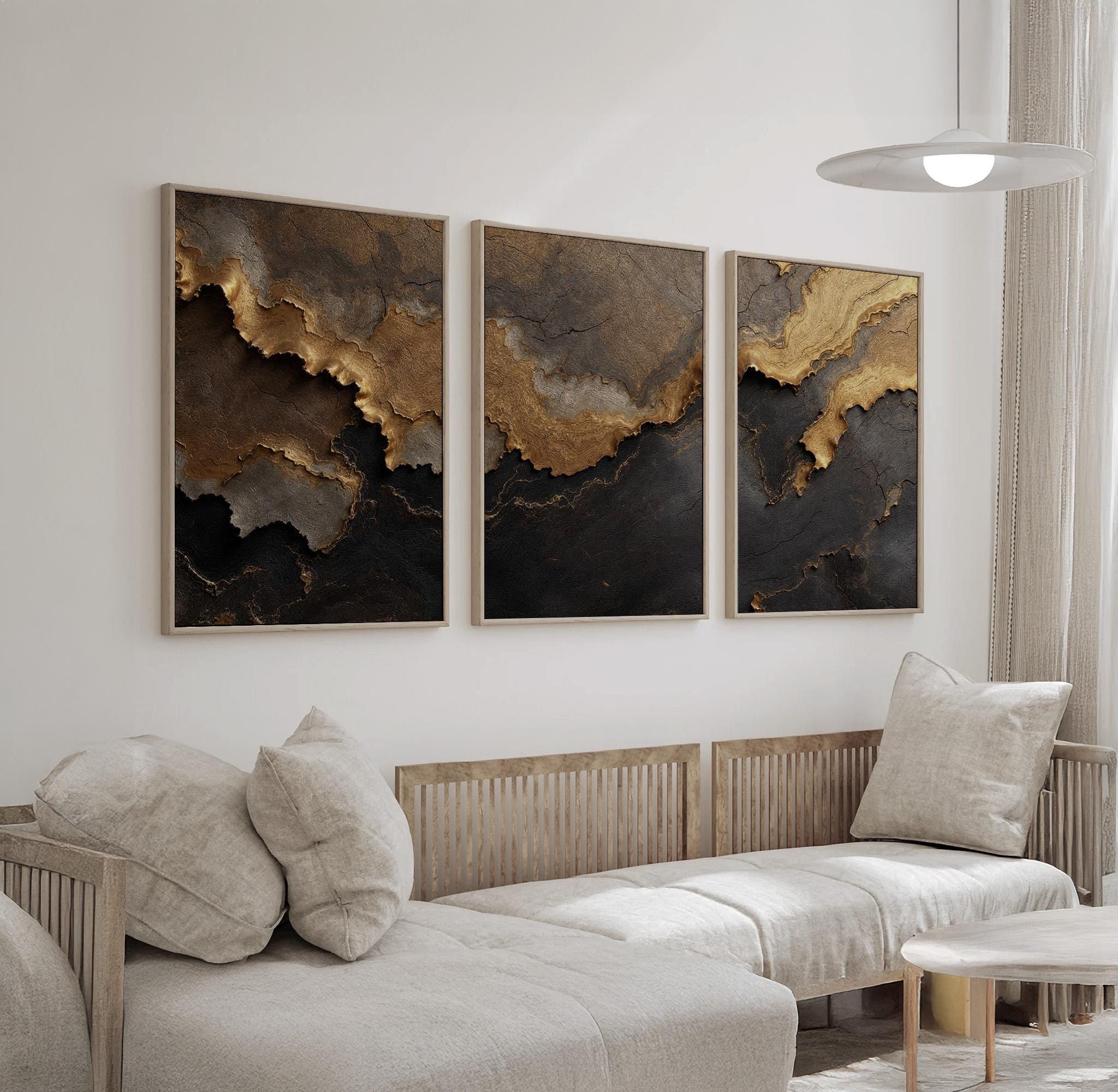 Gold and Black Abstract Wall Art Set of 3 | Luxury Metallic Triptych ...