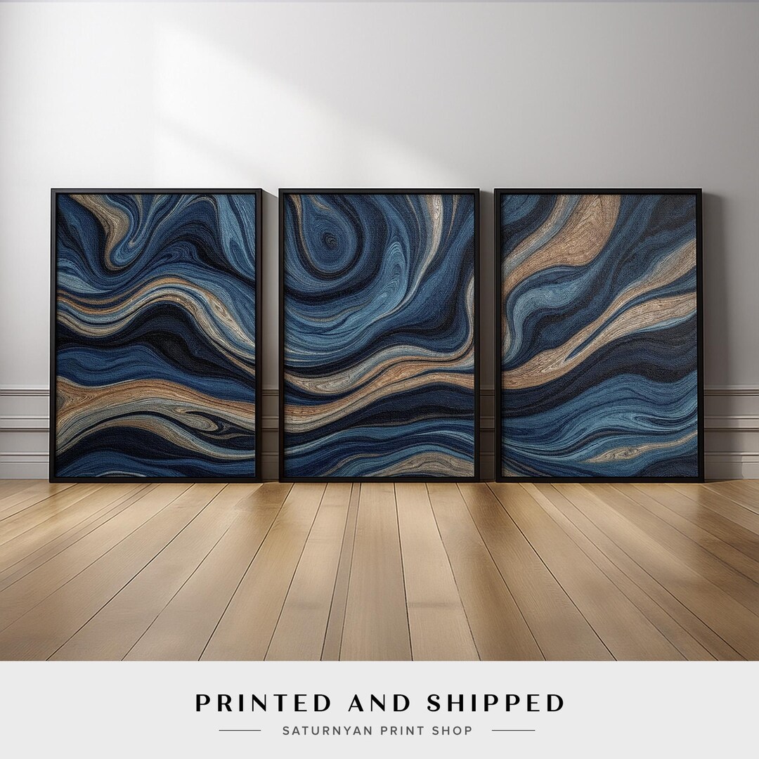 Navy Blue Ocean Wave Inspired Abstract Wall Art Set of 3 | Luxury ...