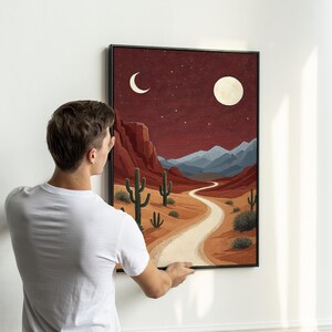 Desert Landscape Wall Art Set of 3 | Cactus Canyon With Sun and Moon ...