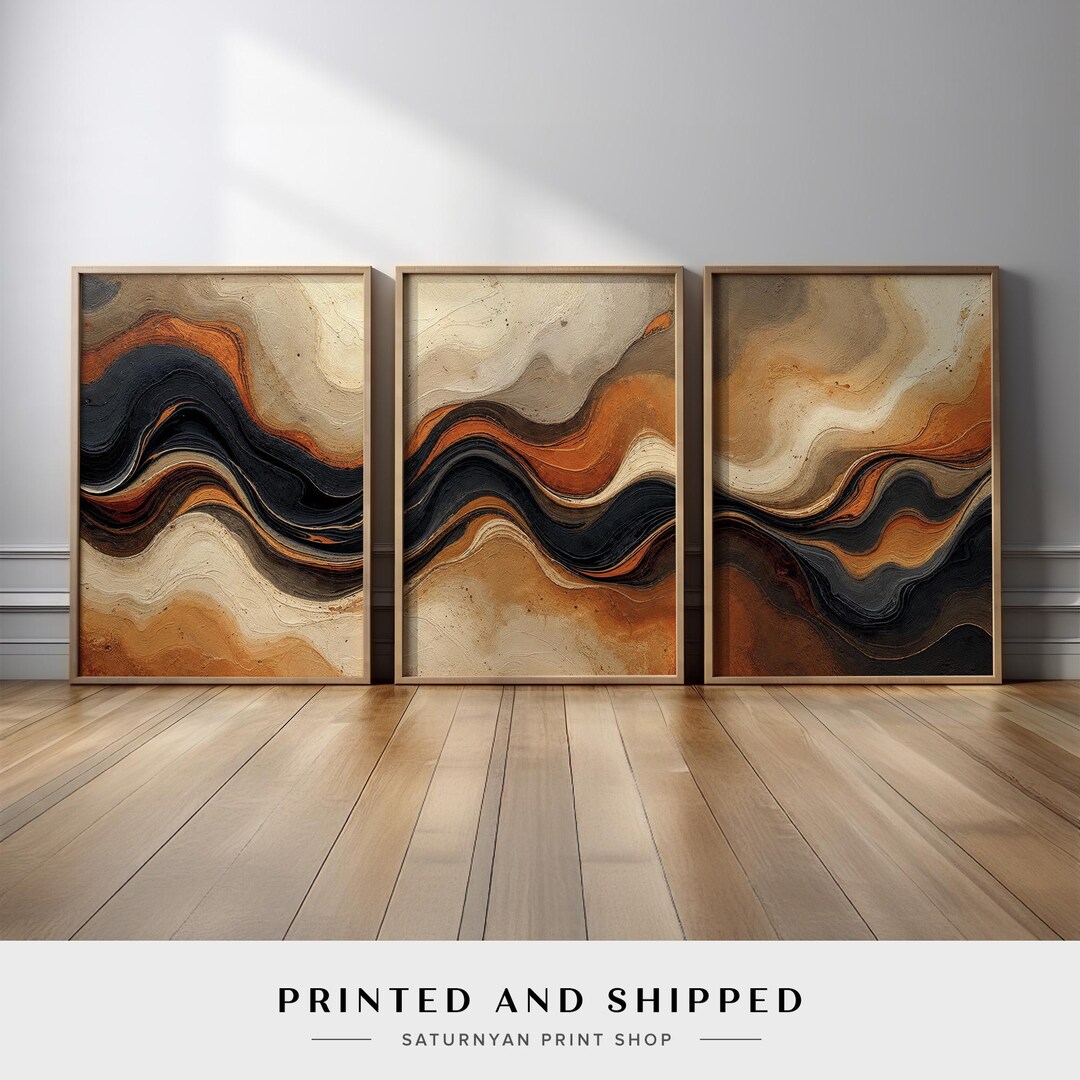 Abstract Earth Tone Wall Art Set of 3 | Modern Wavy Poster or Canvas ...