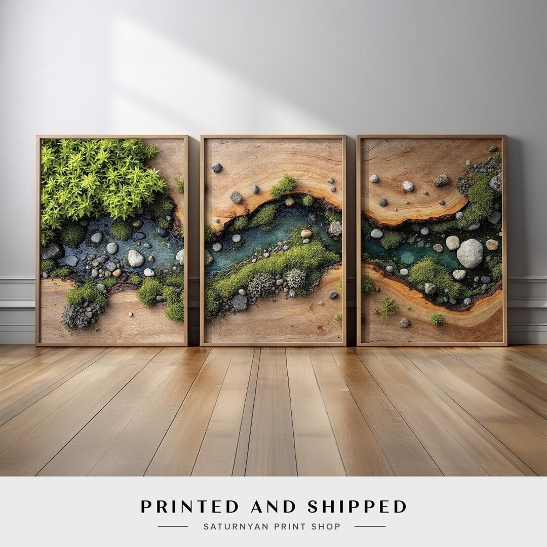 Nature Wall Art Set of 3 | River Flow With Green Moss and Stones on ...
