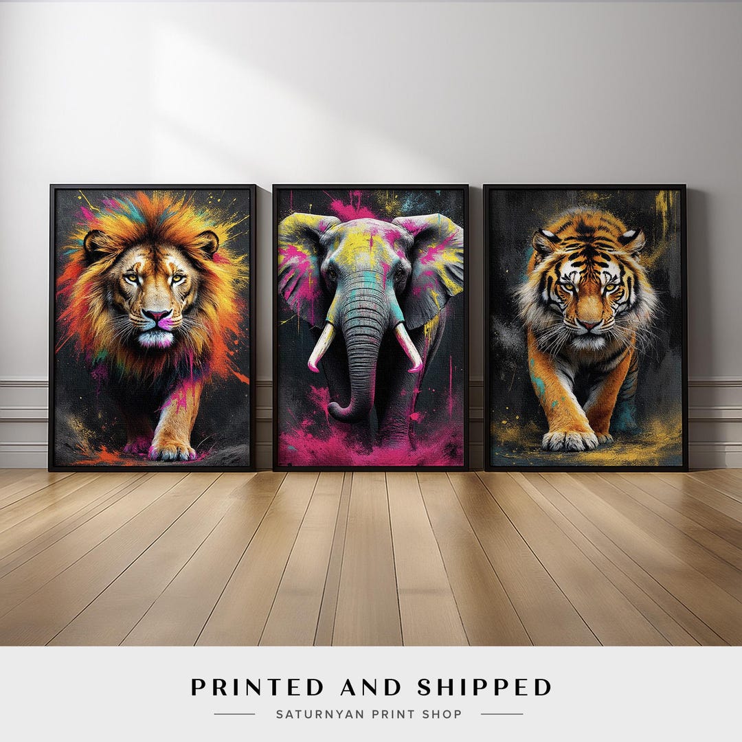Colorful Safari Animal Wall Art Set of 3 | Vibrant Lion Elephant Tiger ...