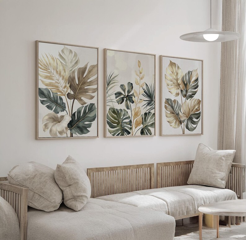 Set of 3 Botanical Leaf Wall Art Canvas Prints | Elegant Monstera, Palm ...